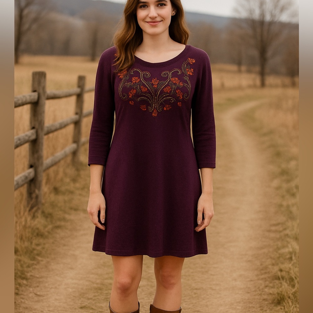 Saint Tropez West Embroidered Sweater Dress XL Purple Boho Cottagecore Winter - Picture 1 of 7